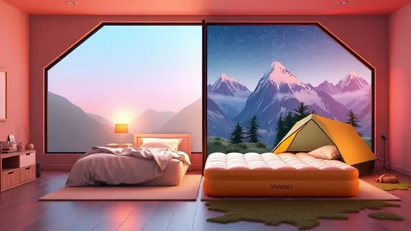 Cena dividida mostrando um colchão inflável sendo usado em um quarto moderno e em uma barraca de camping estilizada sob as estrelas.