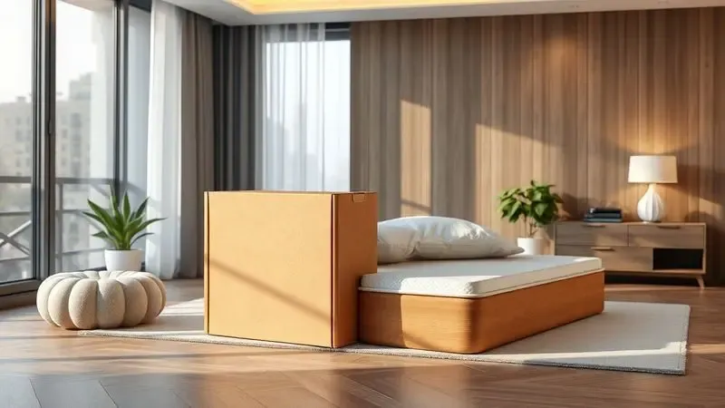 Conceito de colchão na caixa sendo entregue em um apartamento moderno e minimalista.