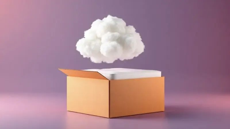 Representação visual conceitual de um colchão unbranded expandindo de uma caixa em um ambiente moderno.