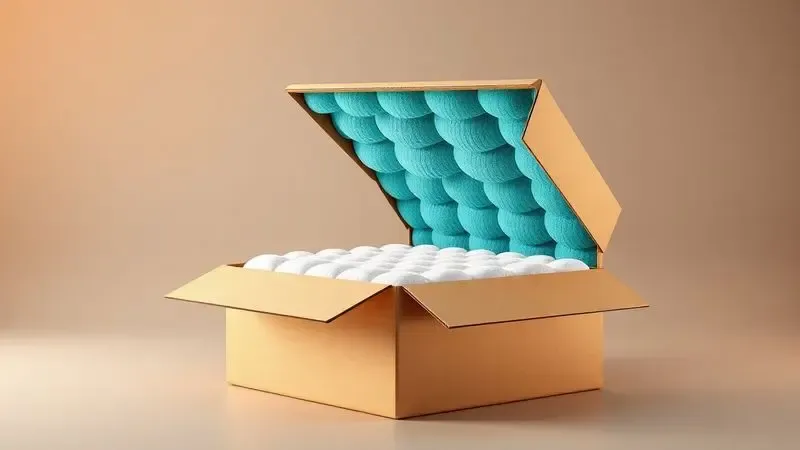 Representação artística 3D de um colchão expandindo ao sair de uma caixa conceitual moderna.