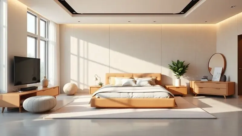 Quarto moderno e espaçoso com uma cama king size minimalista e iluminação aconchegante.