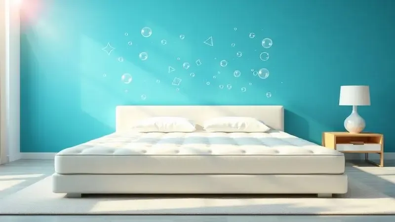 Vista conceitual de um colchão queen size com elementos que simbolizam frescor e proteção.