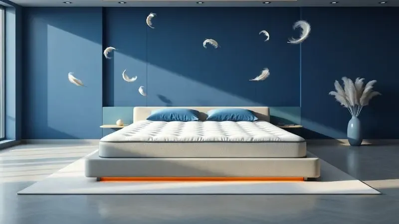 Ambiente de quarto luxuoso com colchão queen size espaçoso e elementos decorativos modernos em tons vibrantes.