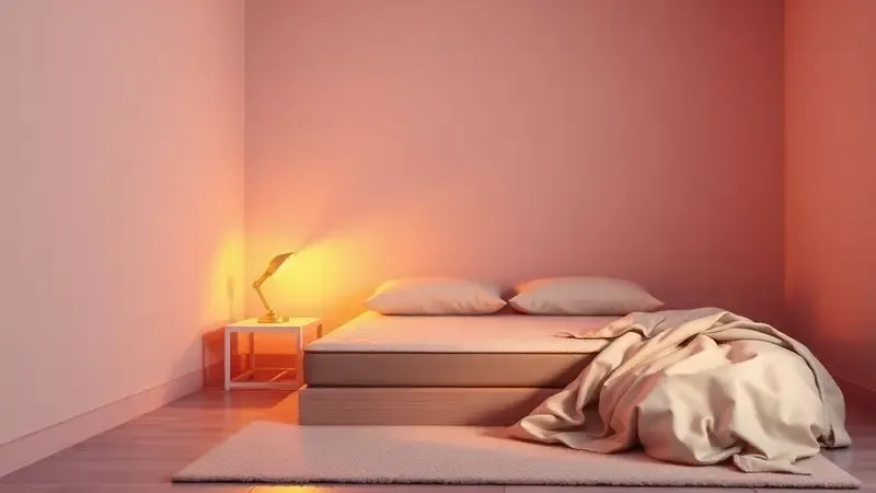 Quarto de solteiro moderno e minimalista com colchão confortável e iluminação aconchegante em renderização 3D.