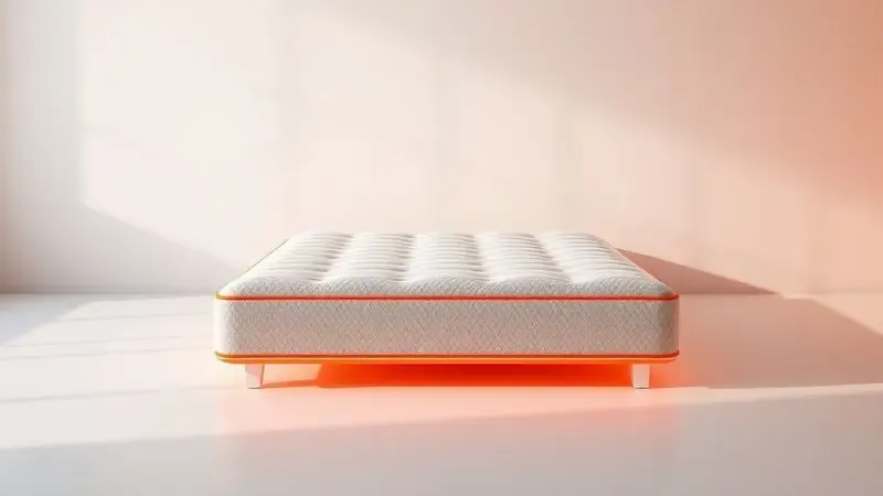Renderização 3D de um colchão de solteiro elegante em um ambiente minimalista e iluminado.