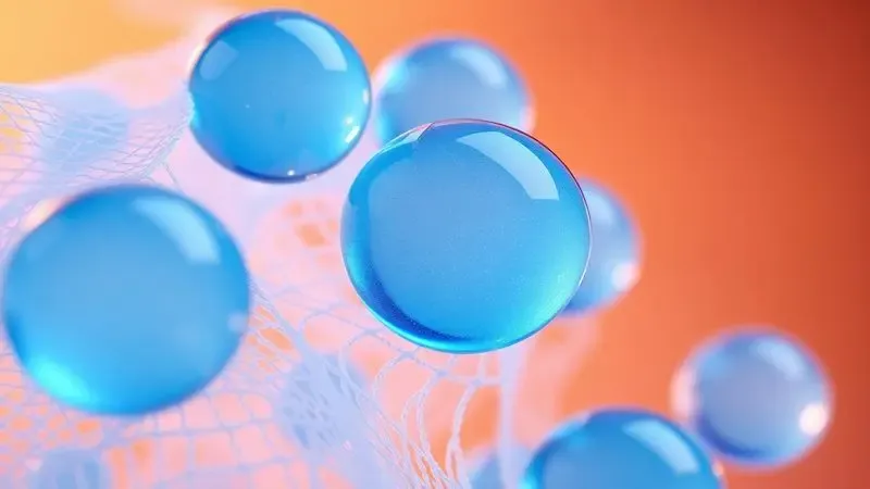 Detalhe conceitual de esferas de gel azul translúcidas integradas à malha do colchão para representar frescor.