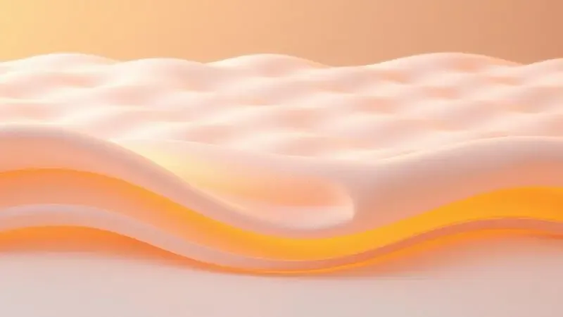 Ilustração conceitual em 3D de camadas de conforto e texturas macias de um colchão moderno.