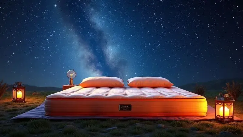 Ilustração conceitual 3D de um colchão de camping de casal espaçoso em uma cena noturna acolhedora.