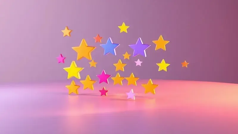 Representação conceitual em 3D de ícones de avaliação e estrelas coloridas simbolizando a análise de reputação de marcas.