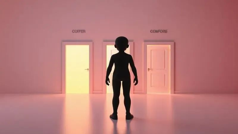 Cena 3D de silhueta escolhendo entre diferentes caminhos iluminados representando opções de conforto.