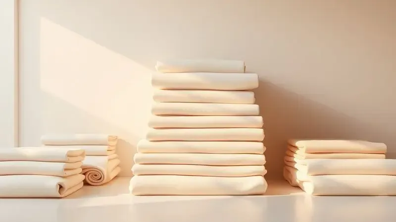 Cena 3D minimalista mostrando materiais dobrados e enrolados de forma organizada e simétrica.