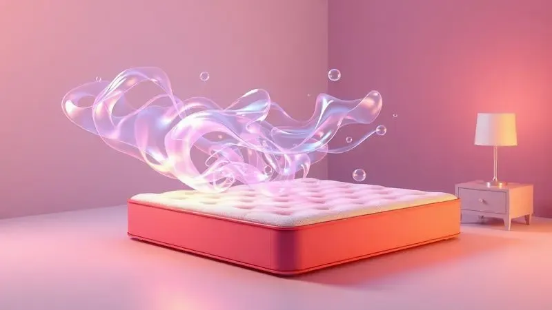 Visualização em 3D do fluxo de ar preenchendo um colchão inflável com cores vibrantes e luzes dinâmicas.