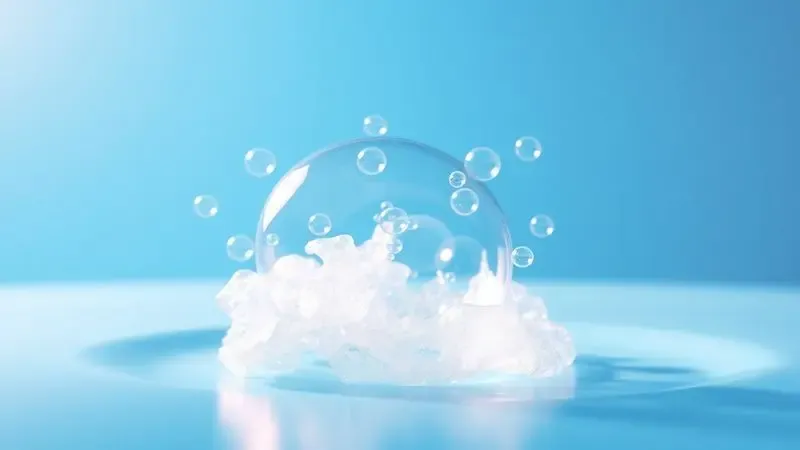 Visualização 3D conceitual de bolhas de sabão sobre uma superfície azul flexível para localizar vazamentos de ar.