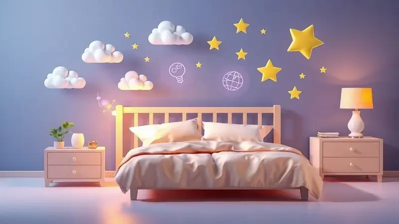 Ícones conceituais 3D de conforto e qualidade de sono flutuando sobre uma cama estilizada e vibrante.