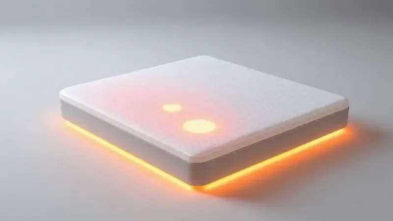 Visualização 3D de uma superfície de colchão ergonômico com zonas de suporte e conforto.
