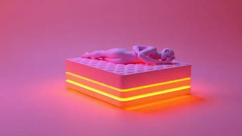 Representação conceitual em 3D de uma silhueta humana em repouso sobre camadas de suporte flutuantes.
