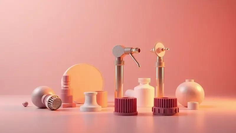 Elementos 3D estilizados representando diferentes tipos de bicos e acessórios para infladores de colchão em um cenário minimalista.