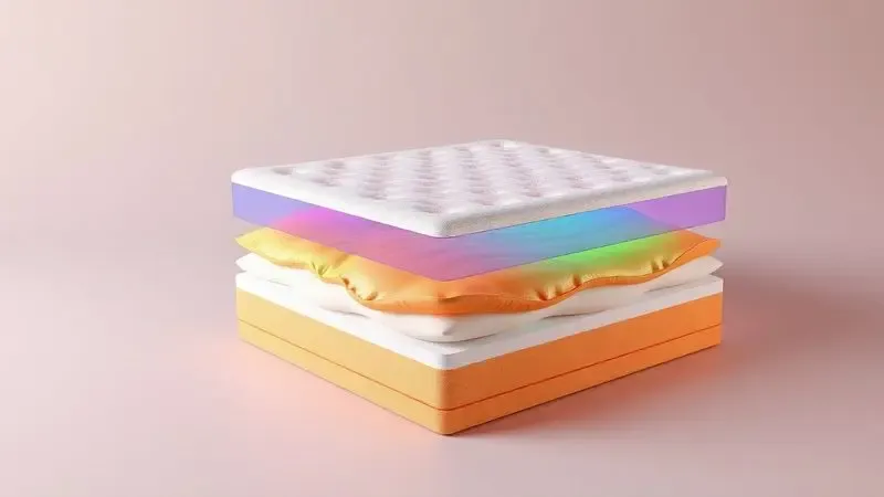 Representação visual 3D das camadas internas e suporte estrutural de um colchão de casal moderno e confortável.