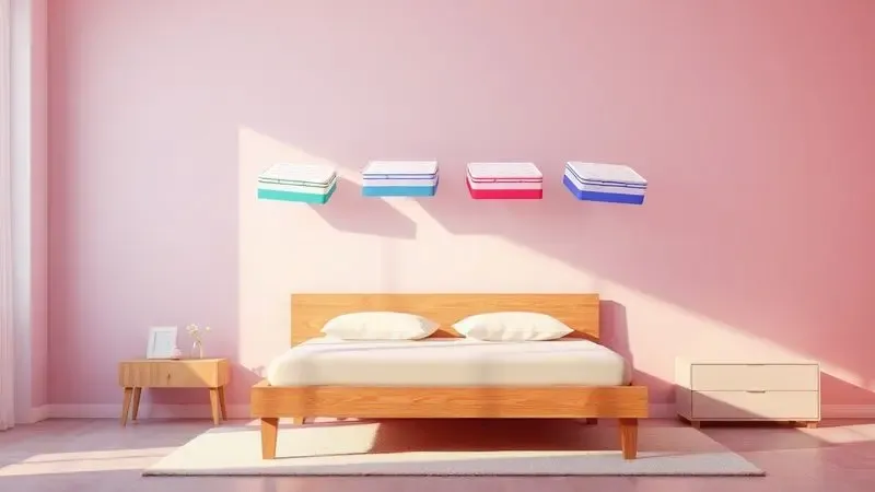 Ilustração conceitual sobre como escolher o melhor modelo de colchão para o quarto com ícones vibrantes e modernos.