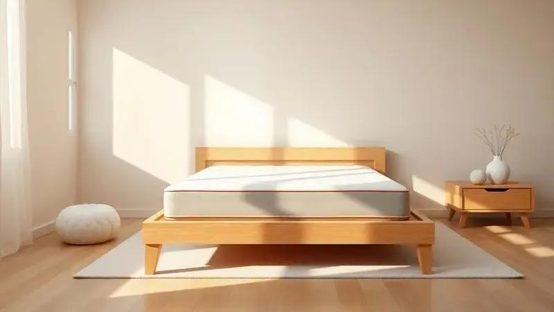 Ambiente de quarto moderno com colchão estilizado em destaque para orientar a escolha do consumidor.