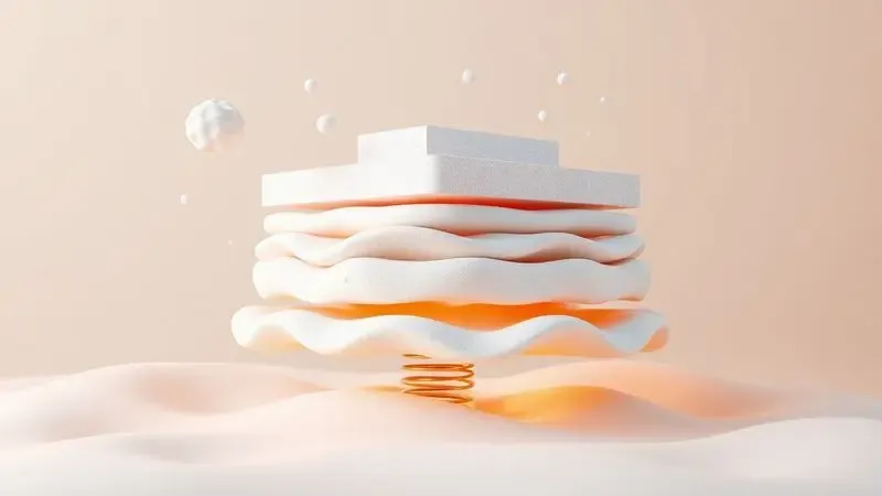 Elementos conceituais flutuando sobre uma base macia representando tecnologia, firmeza e escolha do colchão ideal.