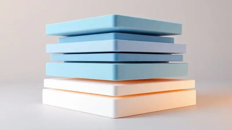 Camadas conceituais de espuma em 3D representando a densidade e o suporte de um colchão de solteiro de alta qualidade.