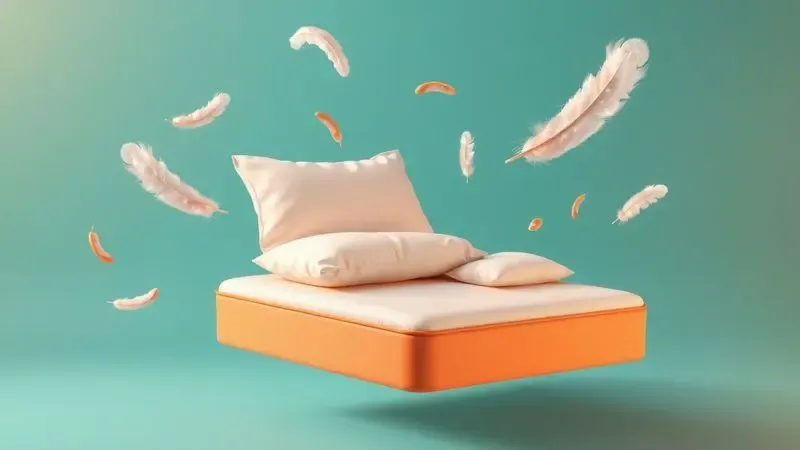 Elementos conceituais flutuantes que representam o conforto e a escolha do colchão ideal.