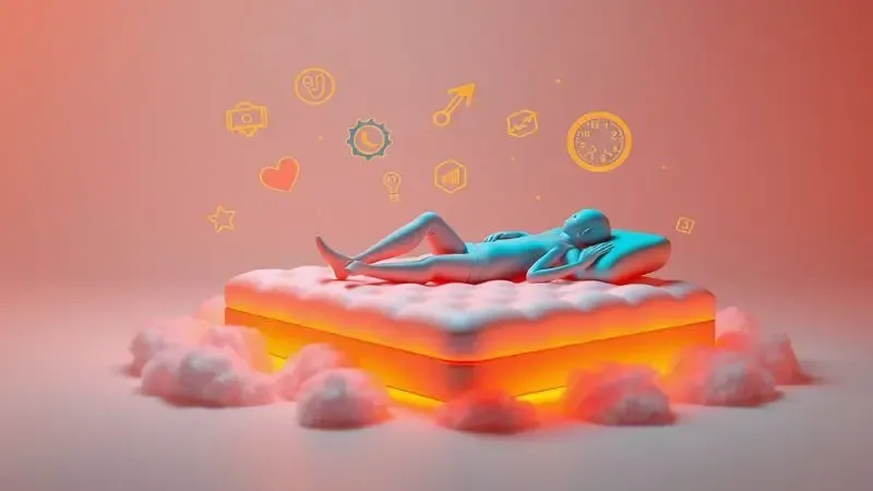 Cena conceitual 3D com silhueta relaxando sobre superfície macia, representando a escolha do suporte e conforto ideal do colchão.
