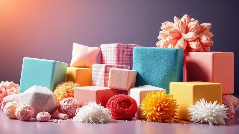 Ilustração 3D de diferentes texturas e blocos de espuma macia representando os critérios de escolha de um pillow top.