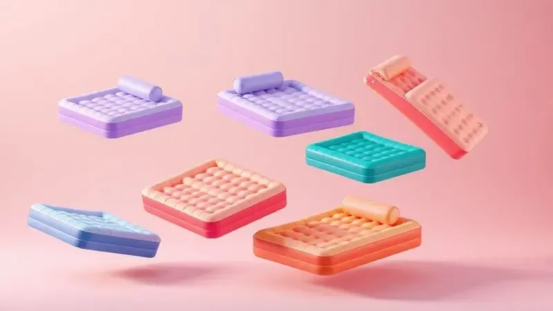 Representação visual estilizada de diferentes modelos de colchões infláveis flutuando em um ambiente de cores vibrantes.