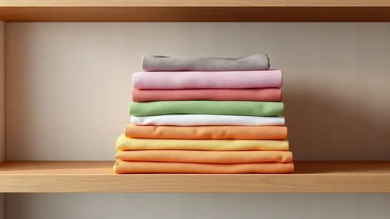 Pilha de lençóis coloridos dobrados em uma prateleira de madeira com iluminação suave.