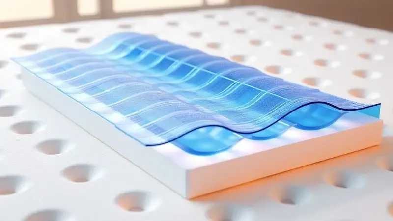 Representação 3D conceitual do sistema de células de ar dinâmicas de um colchão pneumático com iluminação suave.