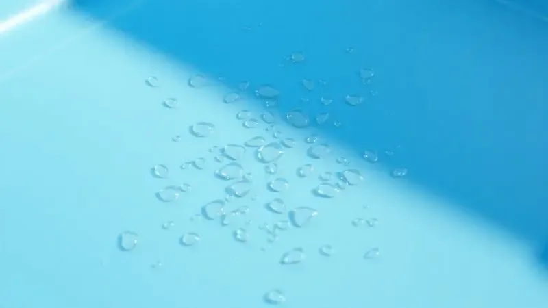Representação 3D de gotas de água sobre superfície azul de colchão inflável para limpeza.