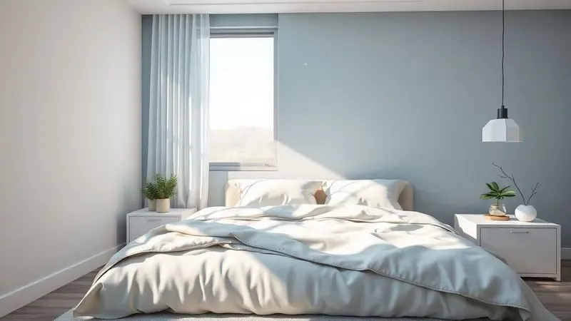 Quarto aconchegante com cama minimalista organizada, destacando camadas de texturas suaves sob luz natural.