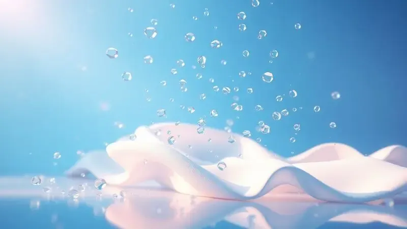 Cena conceitual com gotas de água cristalinas e tecido branco macio em um ambiente azul etéreo.