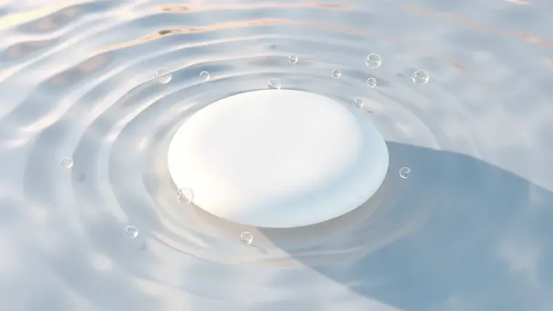 Representação artística 3D de água e bolhas de sabão sobre um tecido branco flutuante e limpo.