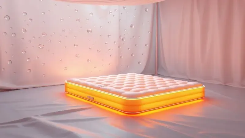 Cena artística em 3D mostrando a manutenção e limpeza de um colchão de camping de forma estilizada.