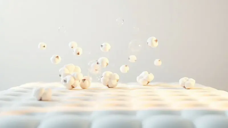 Ilustração conceitual 3D sobre a limpeza e higienização de um colchão de solteiro com elementos de frescor.