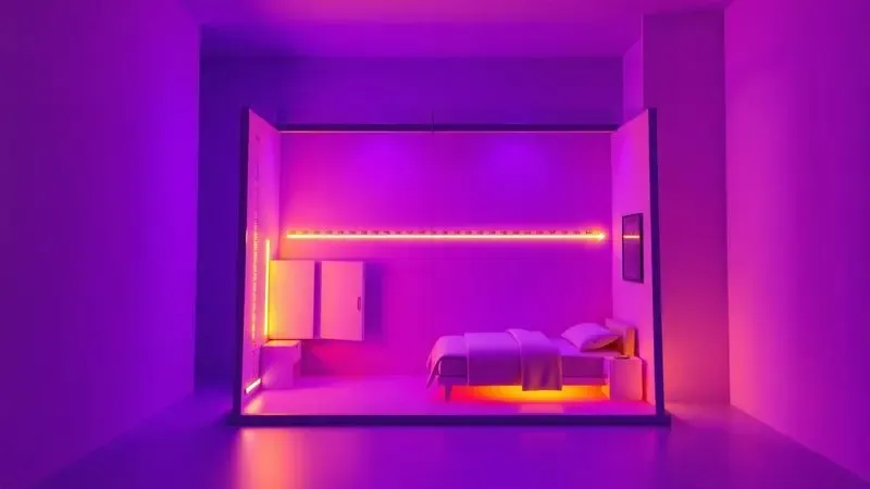 Ilustração 3D de um plano de quarto pequeno com marcações conceituais de espaço para escolha do colchão ideal.