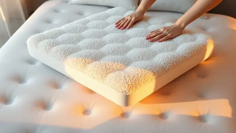 Cena 3D de um topper de colchão macio sendo adicionado a uma superfície para aumentar o conforto.