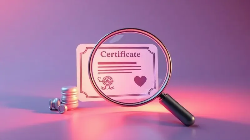 Lupa analisando um ícone de certificado de qualidade em estilo 3D vibrante para representar verificação.