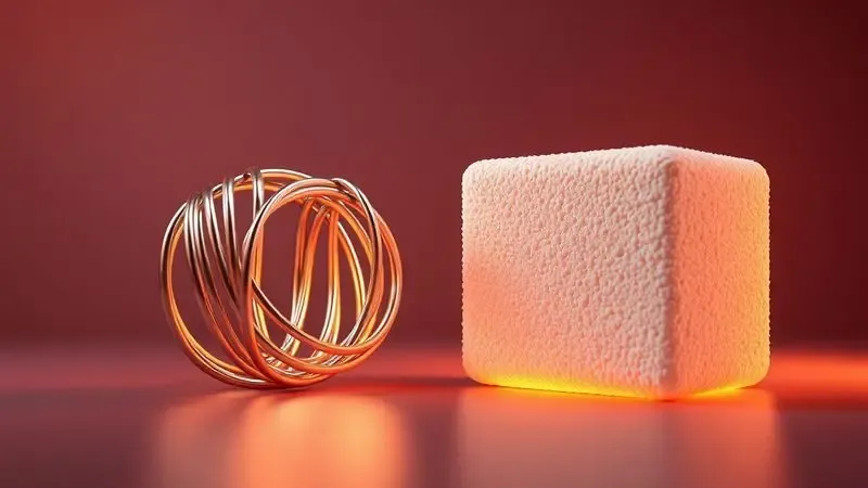 Comparativo visual entre a resistência de uma mola metálica e um bloco de espuma densa em um cenário 3D conceitual.