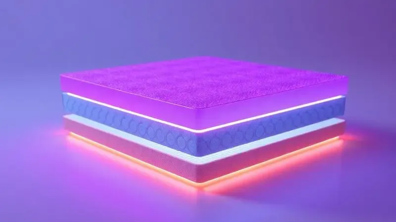 Representação conceitual em 3D de camadas tecnológicas e materiais de um colchão premium.