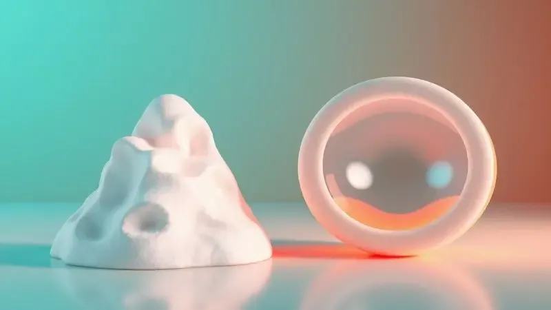 Comparação conceitual 3D entre a textura de espuma ondulada e células de ar lisas em tons de azul e laranja.