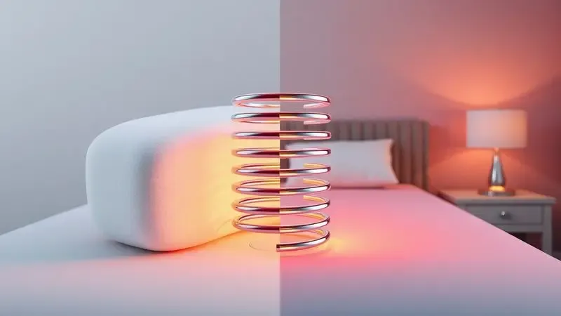 Comparativo visual entre a estrutura interna de um colchão de espuma e um de molas em estilo 3D artístico.