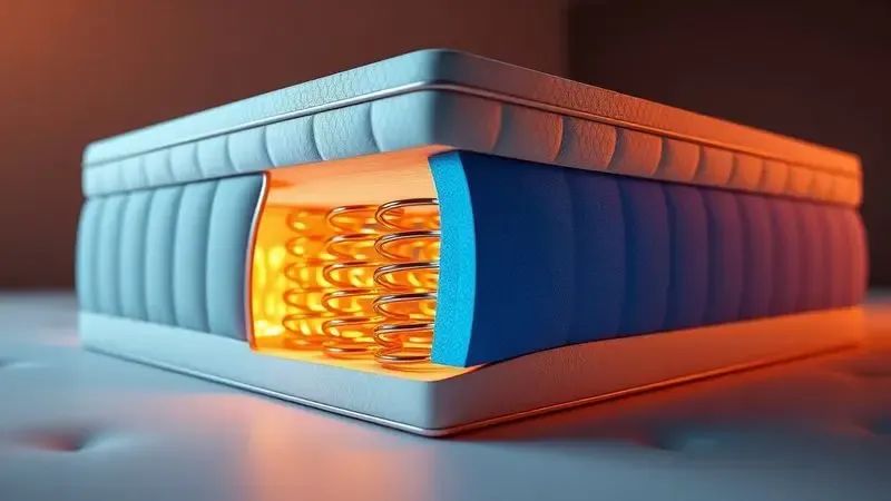 Infográfico artístico em 3D mostrando o interior de um colchão com molas estilizadas e camadas de espuma vibrantes.