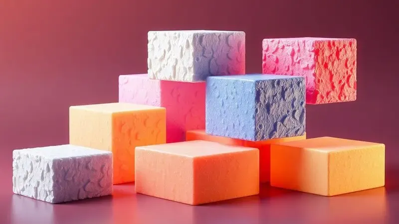 Blocos conceituais de espuma em 3D com diferentes texturas e cores vibrantes representando níveis de densidade.