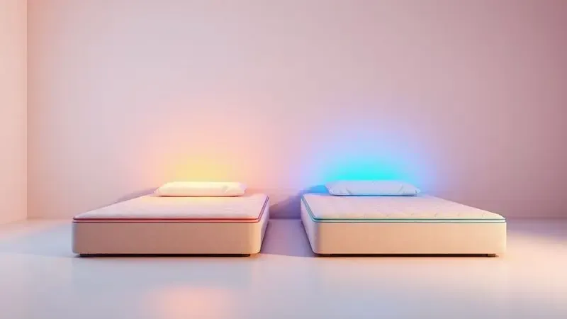 Comparativo visual entre dois estilos de colchão premium em um ambiente de estúdio minimalista.