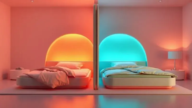 Comparativo conceitual entre dois tipos de conforto de colchão em ambiente 3D moderno e vibrante.