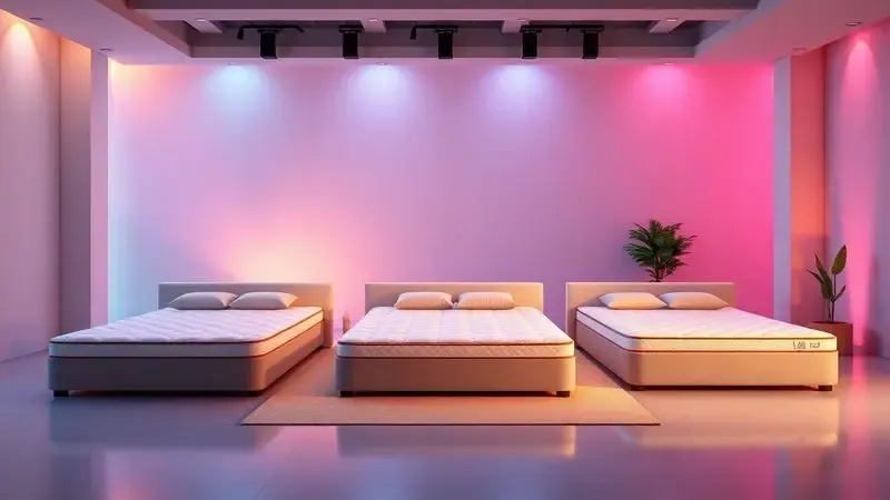 Comparativo visual entre diferentes tipos de colchões em um showroom moderno.